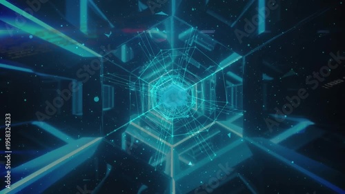 Animation of network of connections with globe over glowing blue neon tunnel