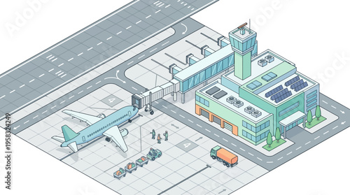 Isometric illustration of an airport terminal, plane, ground crew, and control tower, depicting efficient travel operations.