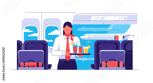 Flight attendant serving drinks on airplane aisle.