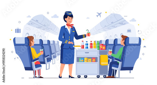 Flight attendant serving drinks to passengers on airplane.