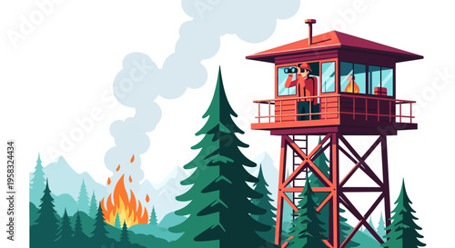 Forest Fire Lookout Tower Observer Watching Wildfire.