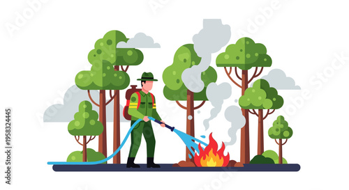 Forest firefighter battling wildfire with water hose.