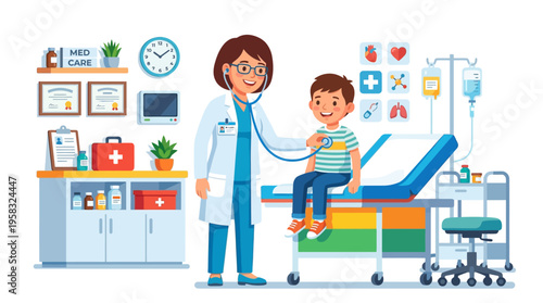 Doctor examining a young boy in a medical examination room.