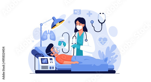 Doctor Caring for Patient in Hospital Bed with Medical Equipment.