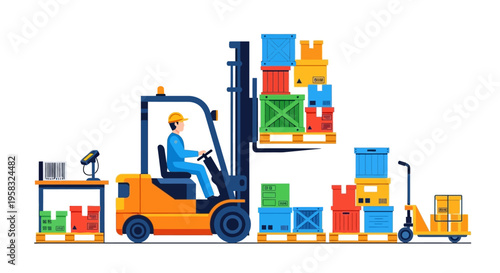 Forklift Operator Moving Boxes in Warehouse.