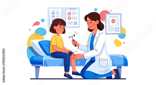 Doctor examining a young girl with a reflex hammer.