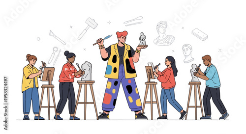 Diverse group of artists creating sculptures in a studio setting.