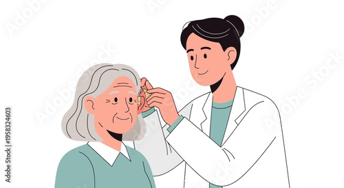 Doctor examining elderly womans forehead with care.