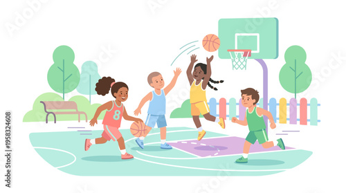 Diverse group of children playing basketball outdoors.