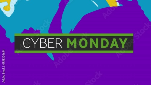 Animation of cyber monday text banner against abstract colorful patterns on yellow background