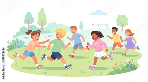 Diverse group of children playing tag in a sunny park.