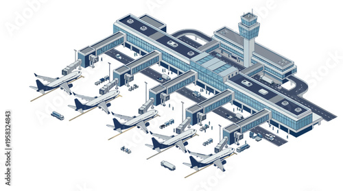 Isometric illustration of a busy airport terminal with airplanes, control tower, and ground operations. Global travel concept.
