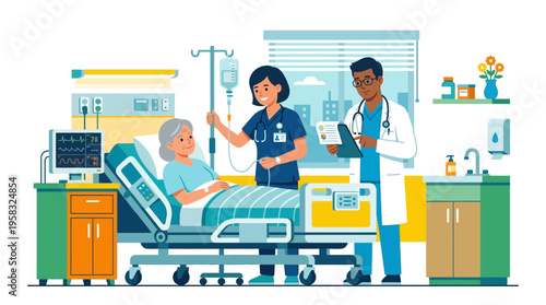Doctor Nurse Caring for Elderly Patient in Hospital Room.