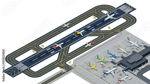 Isometric illustration of a large airport with airplanes on runways and taxiways, alongside parked aircraft at the terminal.