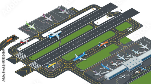 Isometric illustration of a busy airport. Airplanes on runways and taxiways, depicting modern air travel infrastructure.