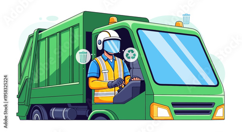 Garbage truck driver in uniform operating vehicle.
