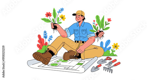 Gardener Planning New Garden Design with Plants.