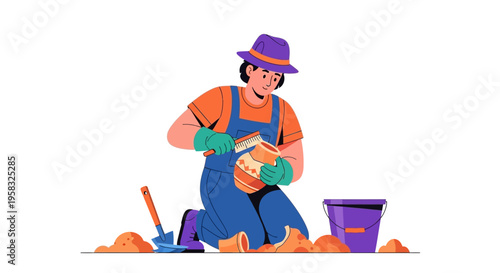 Gardener planting a flower pot with soil.