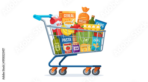 Full grocery shopping cart overflowing with various food items.