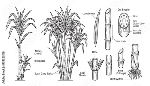 Sugarcane plant parts illustration vector art