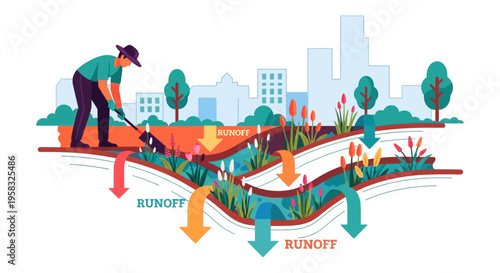 Gardener tending to a sustainable urban water management system.