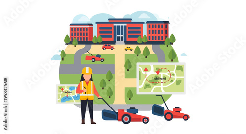 Gardener with Lawn Mowers and Building Map.