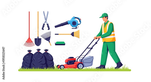 Gardening Tools and Gardener Illustration.