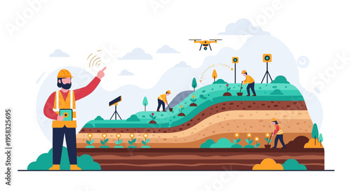 Geological Survey Team Analyzing Earth Layers with Drone Technology.