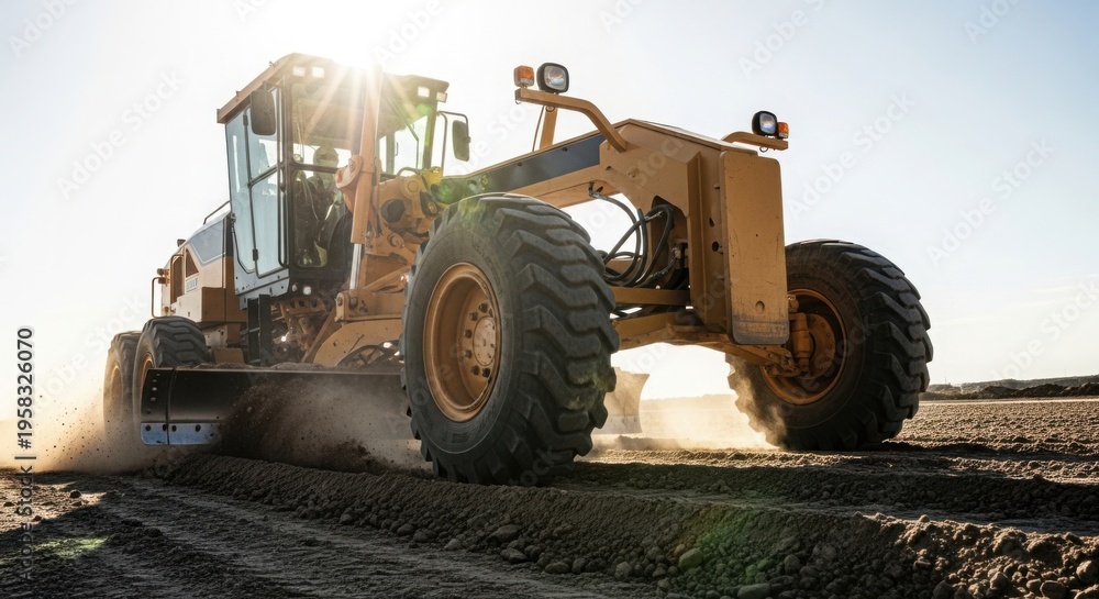 Obraz premium Heavy grading equipment in use on construction site with sunlight shining. Grader machinery performing precise leveling and ground preparation.