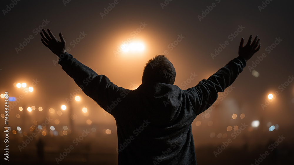 Fototapeta premium Lone silhouetted figure raising arms in foggy atmospheric stage, powerful moment of expression connection and liberation in visually dramatic environment concept, defocused