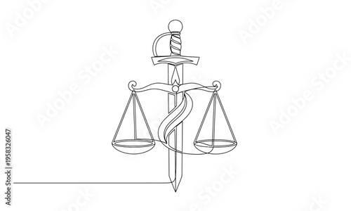 A black and white image of the scales of justice with a sword