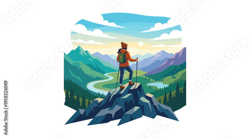 Hiker standing on mountain peak with trekking poles.