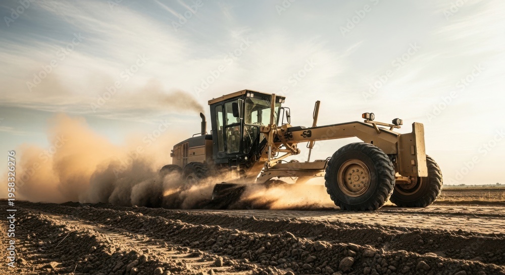 Fototapeta premium Heavy working equipment on construction site with powerful grader creating dust clouds. Machinery operates on dirt road, leveling terrain for upcoming projects.