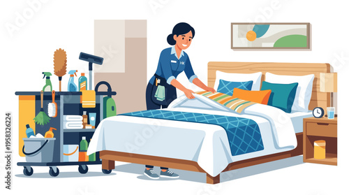 Housekeeper making a bed in a hotel room.