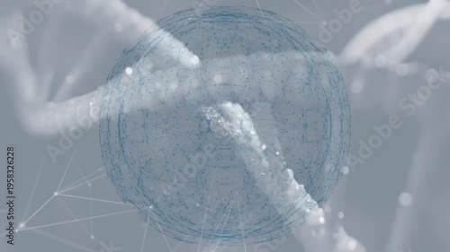 Digital network sphere intertwining with DNA strands, representing genetic data animation