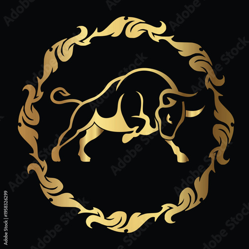 Golden Bull Icon: A radiant golden bull emblem exudes strength, power, and prestige, enclosed within an elegant ornamental frame, set against a dark backdrop.