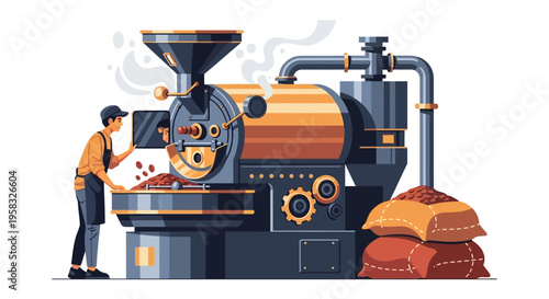 Industrial Coffee Roasting Machine with Worker Illustration.
