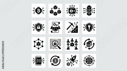Cryptocurrency blockchain vector icons set with Bitcoin, mining, digital wallet, secure transaction, trading hub, private key, market trend, decentralized network, fintech technology concept vector