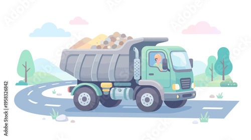 Green Dump Truck Carrying Load on Road.