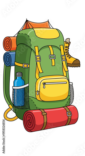 Green Backpack Loaded With Camping Gear For Adventure.