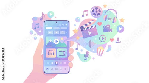 Hand Holding Smartphone With Media Icons Floating Out.
