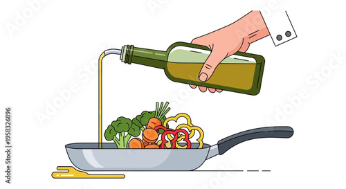 Hand pouring olive oil into a frying pan with vegetables.