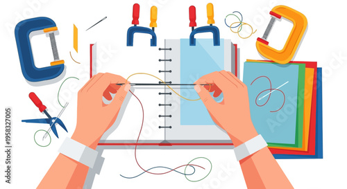 Hands crafting a book with tools and materials.
