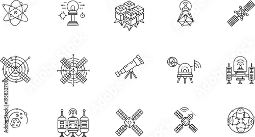 Space Exploration and Satellite Communication Line Art Icon Set