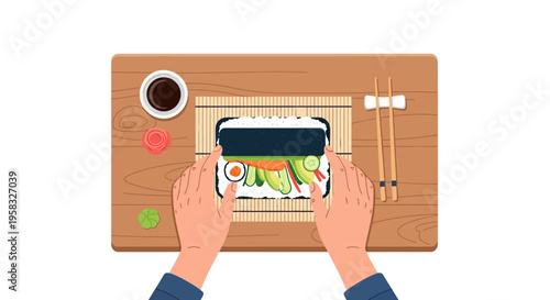 Hands preparing fresh sushi roll on bamboo mat.