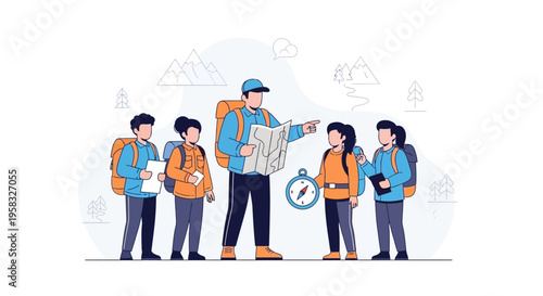 Group of children on a hiking adventure with a guide.