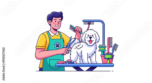 Groomer carefully trims fluffy white dog on grooming table.