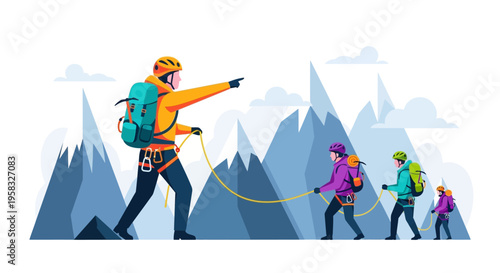 Group of climbers ascending a steep mountain peak together.