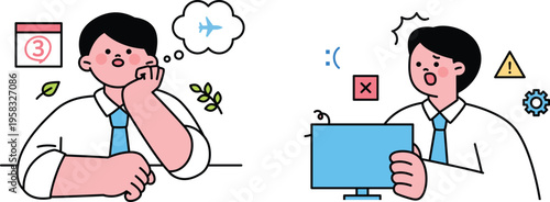 Frustrated employees dealing with travel and technical issues at work