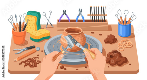 Hands shaping clay on pottery wheel with tools.